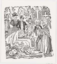 A Skeleton Covered with a Sheet Crying in a Cemetery