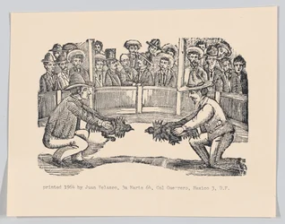 Two men in an arena holding cocks in preparation for a fight, ca 1890-1910 reprinted 1964