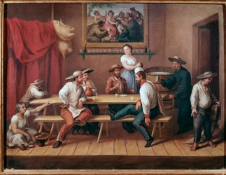 A pulquería tavern in South America, guests at the table drink pulque (traditional Mesoamerican alcoholic beverage) (public house with pulque drinkers), Mexico City, National Museum of History, Chapultepec Castle