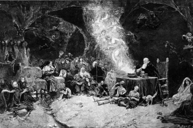 Sabbath Scene, a Sorcerer Presides Over the Ceremony Summoning Creatures in a Magical Cauldron. Witches Attend the Scene. From a Drawing by Jose Benlliure y Gil