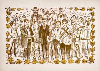 Mexico, Mexican Revolution: “El Triunfo de Madero” (Francisco Indalecio Madero Gonzalez (1873-1913) elected president with the support of revolutionaries Villa and Zapata. Portrait on horseback in the middle of the crowd of his followers. Engraving