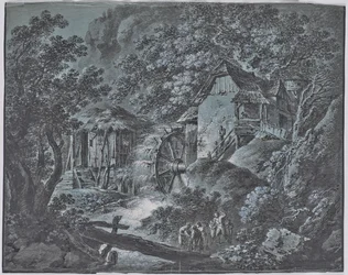 Mill in a Forest Landscape with Several People and a Giant