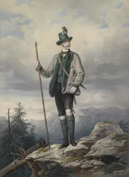 Portrait of the Young Emperor in Ischl Hunting Costume, Colored Lithograph by Kriehuber, 67 x 49 cm