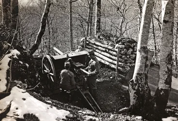 Soldiers with cannon (b/w photo)