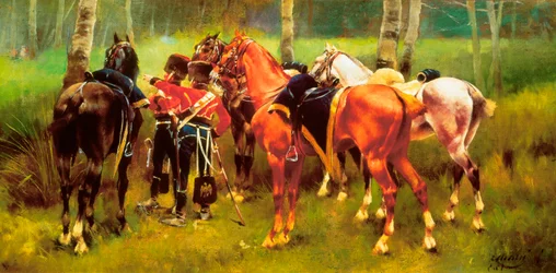 Group of Hussars and Horses in the Forest