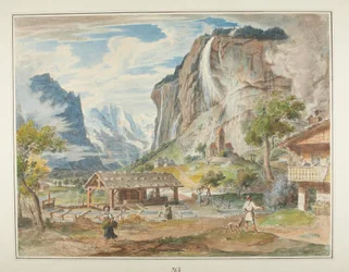 The Staubbach Waterfalls and the Mountain Jungfrau in the Lauterbrunnen Valley in Switzerland