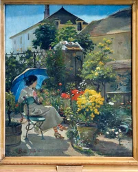 In the garden. A young woman with an umbrella, surrounded by flowers. Painting by Joseph Bail (1862-1921), 20th century. Lyon, Museum of Fine Arts