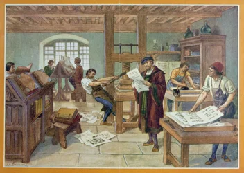 The Invention by Gutenberg of Moveable Type printing, illustration from 