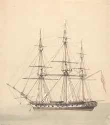 Single Corvette with Three Figures in Naval Uniforms and Union Jack