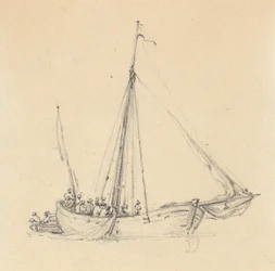 Single Ketch, Bow Forward; Rowboat Behind