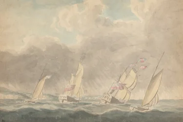 Two Sloops of War, One Barque and One Schooner in Heavy Seas; Several Sailing Vessels in Background