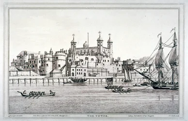 South view of the Tower of London with boats on the River Thames, 1795