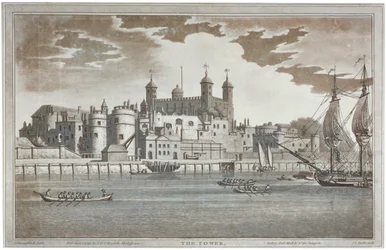 View the Tower of London from the River Thames with Boats on the River
