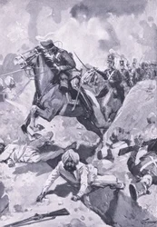 Sobraon: Sir Joseph Thackwell leading the 3rd Light Dragoons in single file through some Sikh earthworks