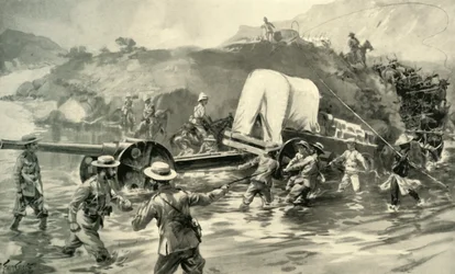 Taking the 4.7 Naval Gun Across The Tugela, 1900