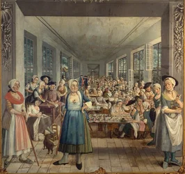 Pinching workshop. Brushing is the application of indigo blue on canvas. In the workshop, two foremen, stick in hand, watch a worker who has just filled her pot with blue. In the background, two men chatted, in the background Jean Rodolphe Wetter gave the