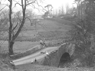 Two girls sitting on a stone bridge over the river Cocker at the bottom of Scale Hill, watching geese in the lane at Loweswater