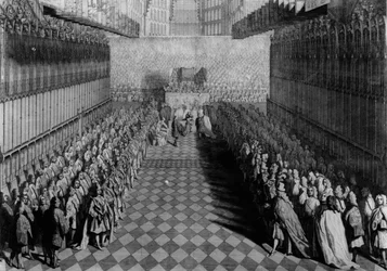 Prince William Offering His Sword to the Dean, at the Altar, the Knights Standing Under Their Banners, Engraved by J. Pine