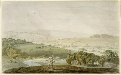 A Farmer Sowing, with a River Valley and Rolling Hills Beyond