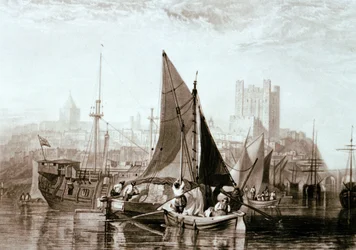 Thames Barge Carrying Hay, a Prison Hulk and Other Shipping at Rochester, on the River Medway