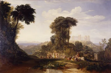 View of the Temple of Jupiter Panellenius, in the Island of Aegina, with the Greek National Dance of the Romaika: the Acropolis of Athens in the distance