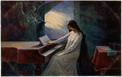 Music. The Last Chord. Dying Lady at the Piano. Illustration by Josef Mathauser, Czech Republic, c.1910 (postcard)