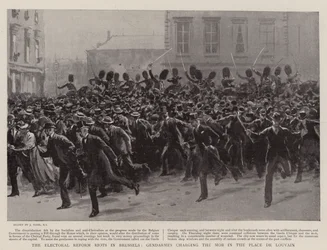 The Electoral Reform Riots in Brussels, Gendarmes Charging the Mob in the Place de Louvain