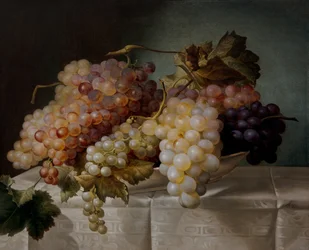 Still life with grapes in a porcelain dish