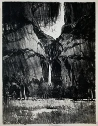 At foot of waterfall, by Joseph Pennell, engraving