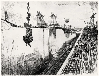Dinner Time at Gatun, plate III from The Panama Canal by Joseph Pennell, 1912