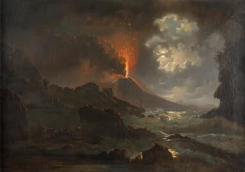 Eruption of Vesuvius at night with a view of the Scuola di Virgilio