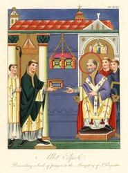 Abbot Elfnoth presenting a book to St Augustine