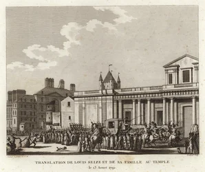 Crowds gather around the carriage carrying Louis XVI and his family