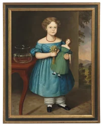 Portrait of Amy Philpot in a Blue Dress with Doll and Goldfish