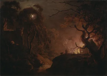 Cottage on Fire at Night