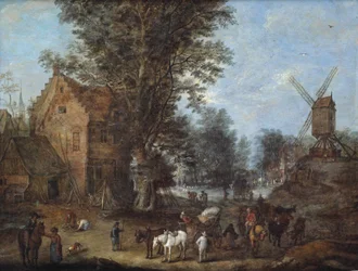 A Village Scene with Travellers and Wagoners