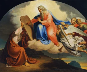God Writing the Ten Commandments on Two Stone Tablets for Moses on Mount Sinai