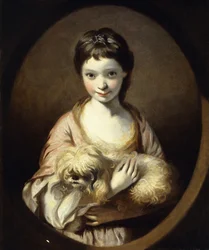 Portrait of Miss Emilia Vansittart, half length, wearing a Pink and White Dress holding a Dog