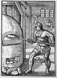 A Baker Baking Bread in an Oven. Engraving by Jost Amman, 16th century