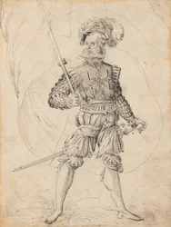 Bearded man with plumed hat, a flag and a sword