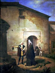 Arrival of Columbus and his son Diego in the era monastery of La Rabida in 1485