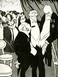 Russian envoy debates the defence of Turkey with other leaders during a conference, 1908.