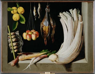 Hunting still-life with birds, vegetables and lemons