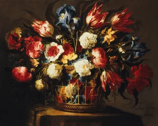 Flowers in a Basket on a Stone Ledge