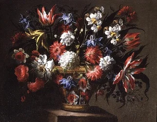 Still Life of Tulips, Daffodils and other Flowers in a Basket