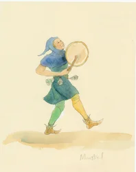 A Medieval Minstrel Playing a Percussion Instrument, Possibly a Tabor
