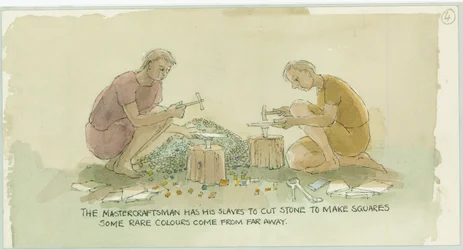 Two Characters Cutting Stone to Make Small Squares for the Mosaicist
