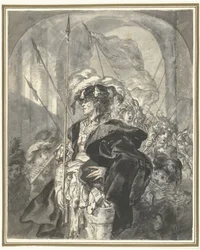 Festively Dressed Figure Surrounded by Boys