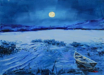 Blue Moonlit Lake Boat