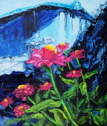Pink Zinnias Blue Backdrop